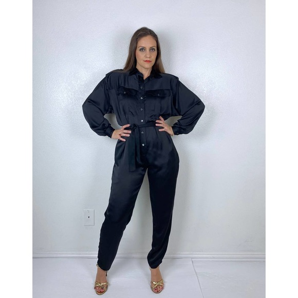 vintage 90s BLACK Liz Claiborne BELTED JUMPSUIT M/L utility military pantsuit - Picture 3 of 10